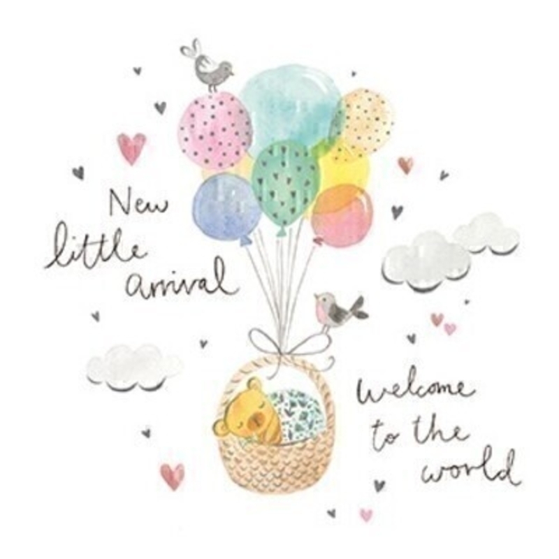 New Arrival Balloon Basket Card by Paper Rose This New Baby greetings card features a cute basket containing a teddy bear being carried through the clouds by a bunch of balloons with the writting New Little Arrival. Welcome To The World. written on the front from Paper Rose.  The card has been left blank inside so you can write your own message and is gender netural so would be perfect to send to someone to congratulate them on the birth of their new baby boy or girl.